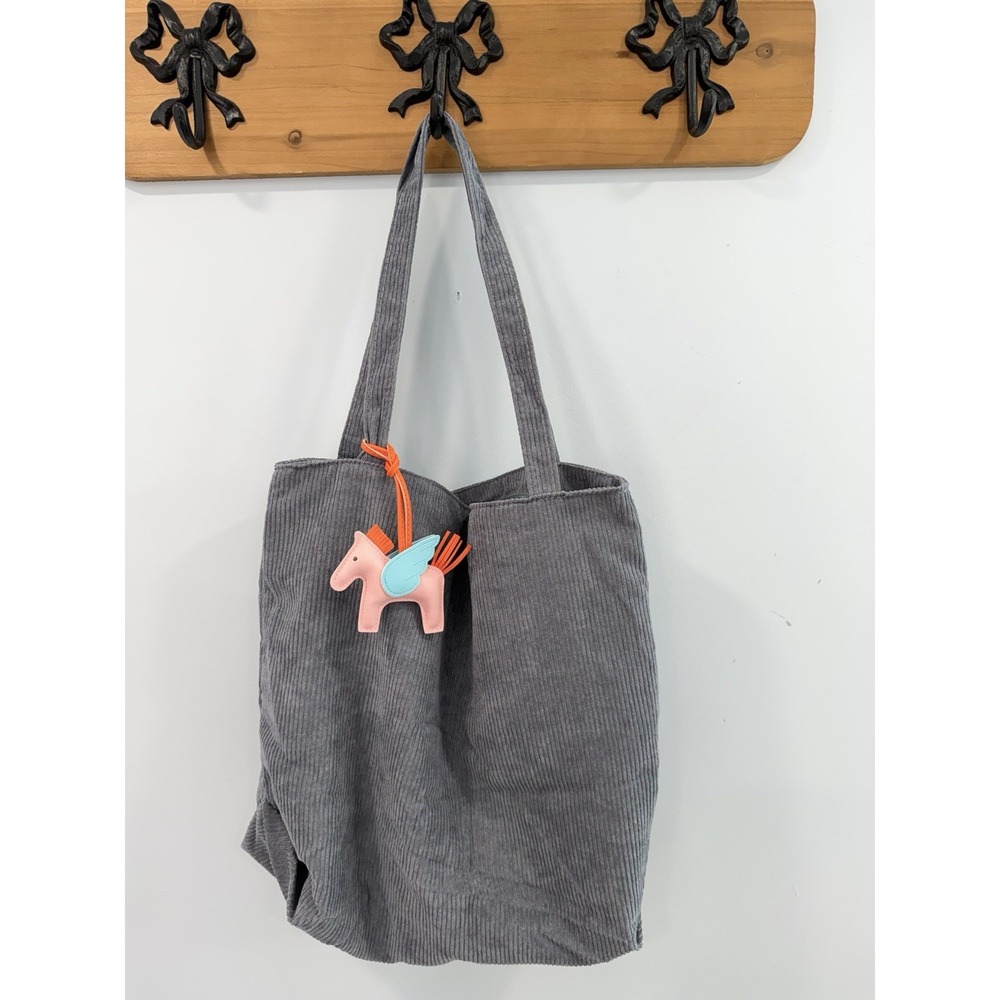 Gray Corduroy Tote Bag Shoulder Bag with Matching Pouch & Horse Charm NWOT
